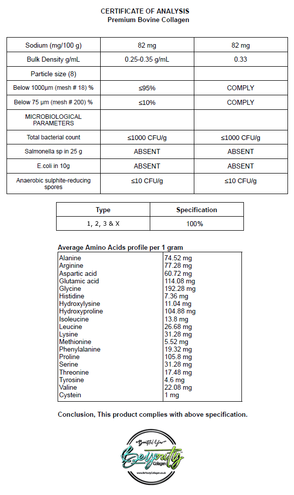 Halal Bovine Certificate of Analysis for premium bovine collagen with detailed specifications. Unflavoured Halal Collagen, Halal Collagen Supplements, Hydrolysed Bovine Collagen Peptides Powder, Hydrolysed Marine Collagen Peptides Powder,
Hydrolysed Multi Bovine & Marine Collagen Peptides Powder, Hydrolysed Collagen Peptides Powder UK, Buy Halal Collagen UK, Pure Hydrolysed Collagen "Halal collagen powder UK – BeYouty Collagen"