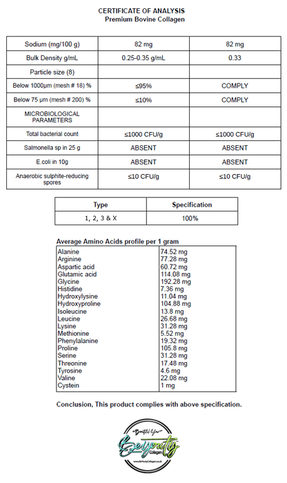 Halal Bovine Certificate of Analysis for premium bovine collagen with detailed specifications. Unflavoured Halal Collagen, Halal Collagen Supplements, Hydrolysed Bovine Collagen Peptides Powder, Hydrolysed Marine Collagen Peptides Powder,
Hydrolysed Multi Bovine & Marine Collagen Peptides Powder, Hydrolysed Collagen Peptides Powder UK, Buy Halal Collagen UK, Pure Hydrolysed Collagen "Halal collagen powder UK – BeYouty Collagen"