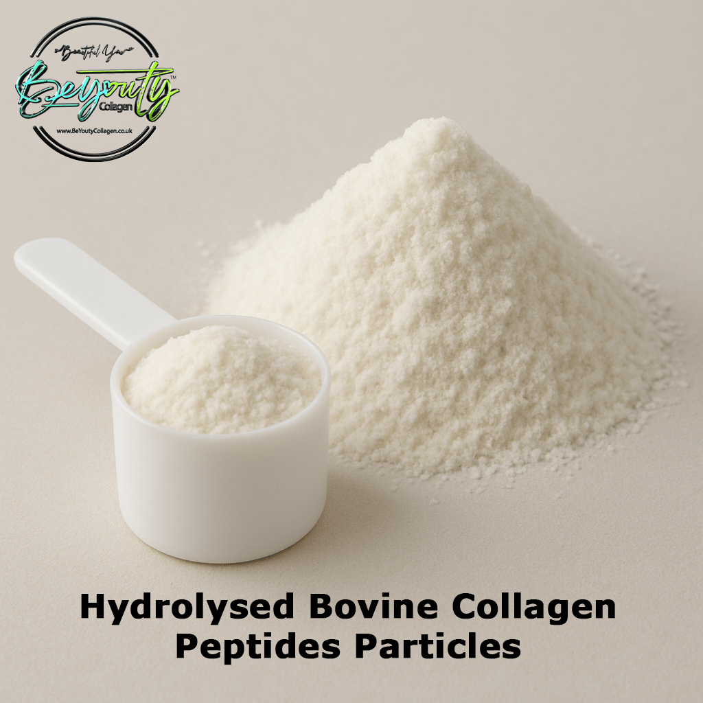 Hydrolysed Bovine Collagen Peptides particles with a scoop and visible brand logo on a neutral background. Unflavoured Halal Collagen, Halal Collagen Supplements, Hydrolysed Bovine Collagen Peptides Powder, Hydrolysed Marine Collagen Peptides Powder,
Hydrolysed Multi Bovine & Marine Collagen Peptides Powder, Hydrolysed Collagen Peptides Powder UK, Buy Halal Collagen UK, Pure Hydrolysed Collagen "Halal collagen powder UK – BeYouty Collagen"