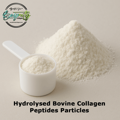 Hydrolysed Bovine Collagen Peptides particles with a scoop and visible brand logo on a neutral background. Unflavoured Halal Collagen, Halal Collagen Supplements, Hydrolysed Bovine Collagen Peptides Powder, Hydrolysed Marine Collagen Peptides Powder,
Hydrolysed Multi Bovine & Marine Collagen Peptides Powder, Hydrolysed Collagen Peptides Powder UK, Buy Halal Collagen UK, Pure Hydrolysed Collagen "Halal collagen powder UK – BeYouty Collagen"