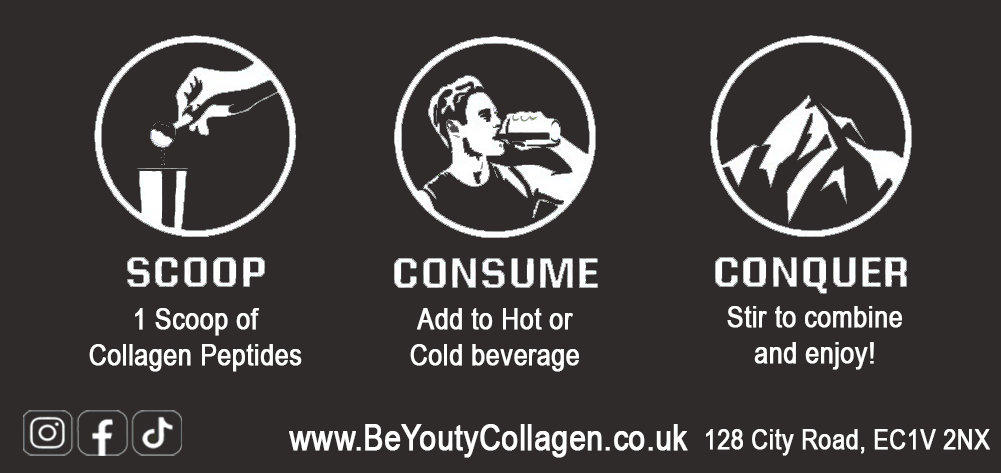 Instructions for using collagen peptides with icons and text on a black background.  Unflavoured Halal Collagen, Halal Collagen Supplements, Hydrolysed Bovine Collagen Peptides Powder, Hydrolysed Marine Collagen Peptides Powder,
Hydrolysed Multi Bovine & Marine Collagen Peptides Powder, Hydrolysed Collagen Peptides Powder UK, Buy Halal Collagen UK, Pure Hydrolysed Collagen
