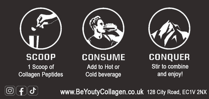 Instructions for using collagen peptides with icons and text on a black background.  Unflavoured Halal Collagen, Halal Collagen Supplements, Hydrolysed Bovine Collagen Peptides Powder, Hydrolysed Marine Collagen Peptides Powder,
Hydrolysed Multi Bovine & Marine Collagen Peptides Powder, Hydrolysed Collagen Peptides Powder UK, Buy Halal Collagen UK, Pure Hydrolysed Collagen