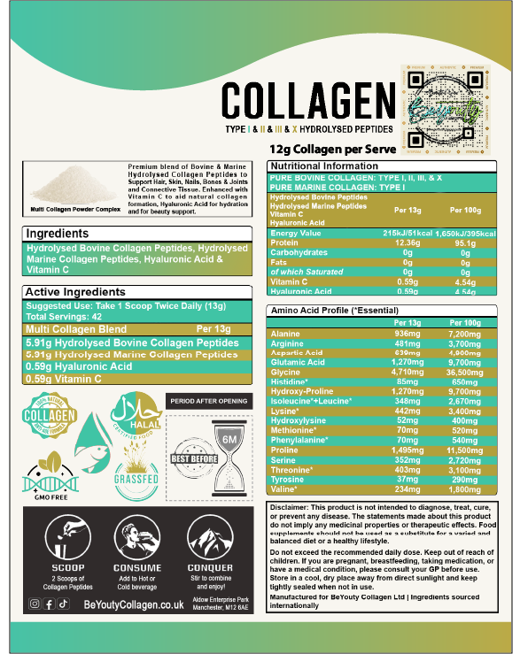 Multi Bovine & Marine Collagen Hydrolysed Peptides TYPE I, II, III & X + Vitamin C & Hyaluronic Acid - 550g