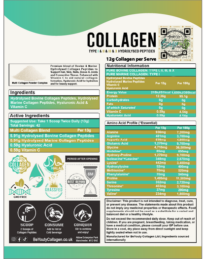 Multi Bovine & Marine Collagen Hydrolysed Peptides TYPE I, II, III & X + Vitamin C & Hyaluronic Acid - 550g