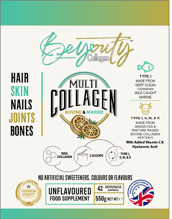 Multi Bovine & Marine Collagen Hydrolysed Peptides TYPE I, II, III & X + Vitamin C & Hyaluronic Acid - 550g