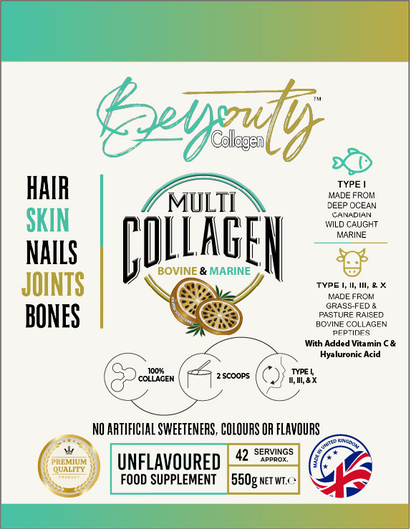 Multi Bovine & Marine Collagen Hydrolysed Peptides TYPE I, II, III & X + Vitamin C & Hyaluronic Acid - 550g