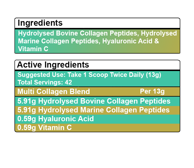 Multi Bovine & Marine Collagen Hydrolysed Peptides TYPE I, II, III & X + Vitamin C & Hyaluronic Acid - 550g