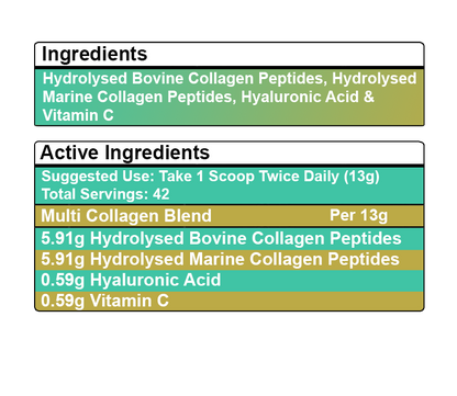 Multi Bovine & Marine Collagen Hydrolysed Peptides TYPE I, II, III & X + Vitamin C & Hyaluronic Acid - 550g
