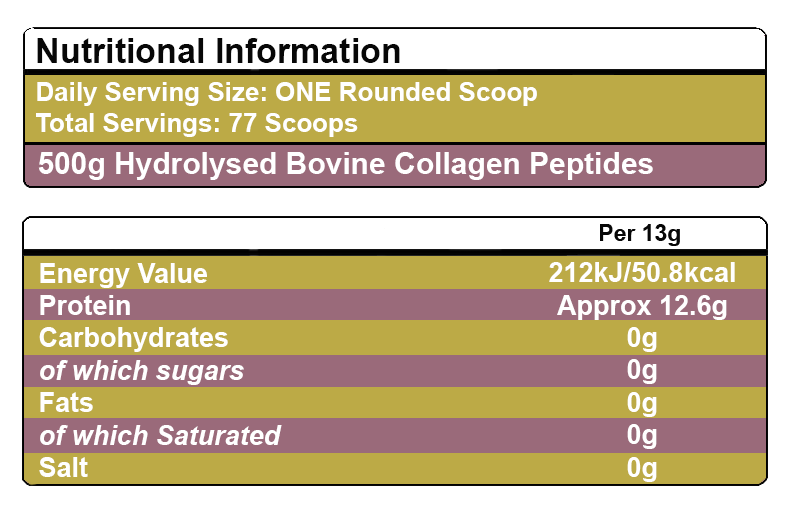 Nutritional information label for hydrolysed bovine collagen peptides on a green background. Unflavoured Halal Collagen, Halal Collagen Supplements, Hydrolysed Bovine Collagen Peptides Powder, Hydrolysed Marine Collagen Peptides Powder,
Hydrolysed Multi Bovine & Marine Collagen Peptides Powder, Hydrolysed Collagen Peptides Powder UK, Buy Halal Collagen UK, Pure Hydrolysed Collagen