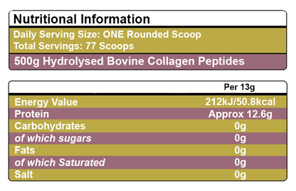 Nutritional information label for hydrolysed bovine collagen peptides on a green background. Unflavoured Halal Collagen, Halal Collagen Supplements, Hydrolysed Bovine Collagen Peptides Powder, Hydrolysed Marine Collagen Peptides Powder,
Hydrolysed Multi Bovine & Marine Collagen Peptides Powder, Hydrolysed Collagen Peptides Powder UK, Buy Halal Collagen UK, Pure Hydrolysed Collagen