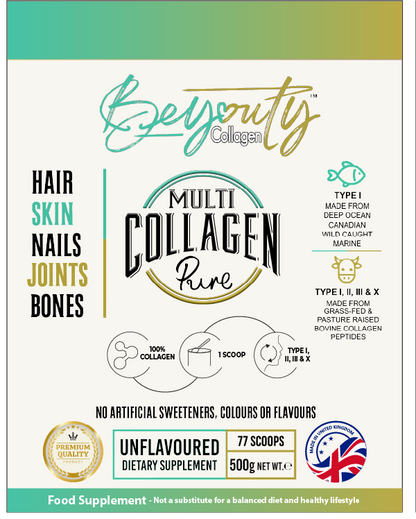 Front of Hydrolysed Multi Collagen Pure Premium High Grade Hydrolysed Collagen Protein Peptides Powder, Perfection for Hair, Skin, Nails, Joints, Bones & Muscle Halal Collagen, Halal Collagen Supplements, Hydrolysed Bovine Collagen Peptides Powder, Hydrolysed Marine Collagen Peptides Powder,
Hydrolysed Multi Bovine & Marine Collagen Peptides Powder, Hydrolysed Collagen Peptides Powder UK, Buy Halal Collagen UK, Pure Hydrolysed Collagen Peptides Powder, BeYouty Collagen. TYPE 1. TYPE I. 500G. Multi Collagen