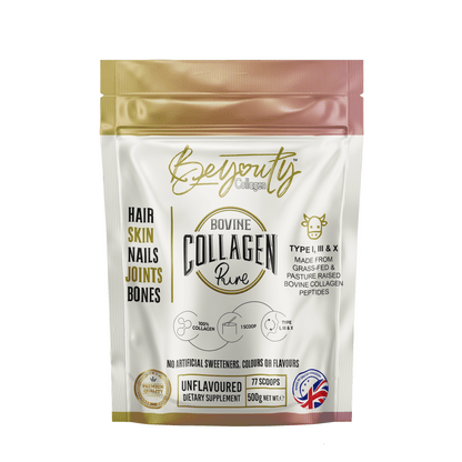 Package of Bovine Collagen Peptides with gold and white design on a white background. Unflavoured Halal Collagen, Halal Collagen Supplements, Hydrolysed Bovine Collagen Peptides Powder, Hydrolysed Marine Collagen Peptides Powder,
Hydrolysed Multi Bovine & Marine Collagen Peptides Powder, Hydrolysed Collagen Peptides Powder UK, Buy Halal Collagen UK, Pure Hydrolysed Collagen "Halal collagen powder UK – BeYouty Collagen"