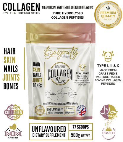 Package of Bovinity Collagen with branding and product details on a white background. Unflavoured Halal Collagen, Halal Collagen Supplements, Hydrolysed Bovine Collagen Peptides Powder, Hydrolysed Marine Collagen Peptides Powder,
Hydrolysed Multi Bovine & Marine Collagen Peptides Powder, Hydrolysed Collagen Peptides Powder UK, Buy Halal Collagen UK, Pure Hydrolysed Collagen "Halal collagen powder UK – BeYouty Collagen"