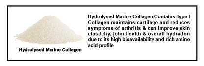 Pile of Hydrolysed Marine TYPE 1 Collagen Peptides Powder of hydrolysed marine collagen with text about its benefits. Halal Collagen UK. Halal Supplements UK BeYouty Collagen. TYPE I. 500g