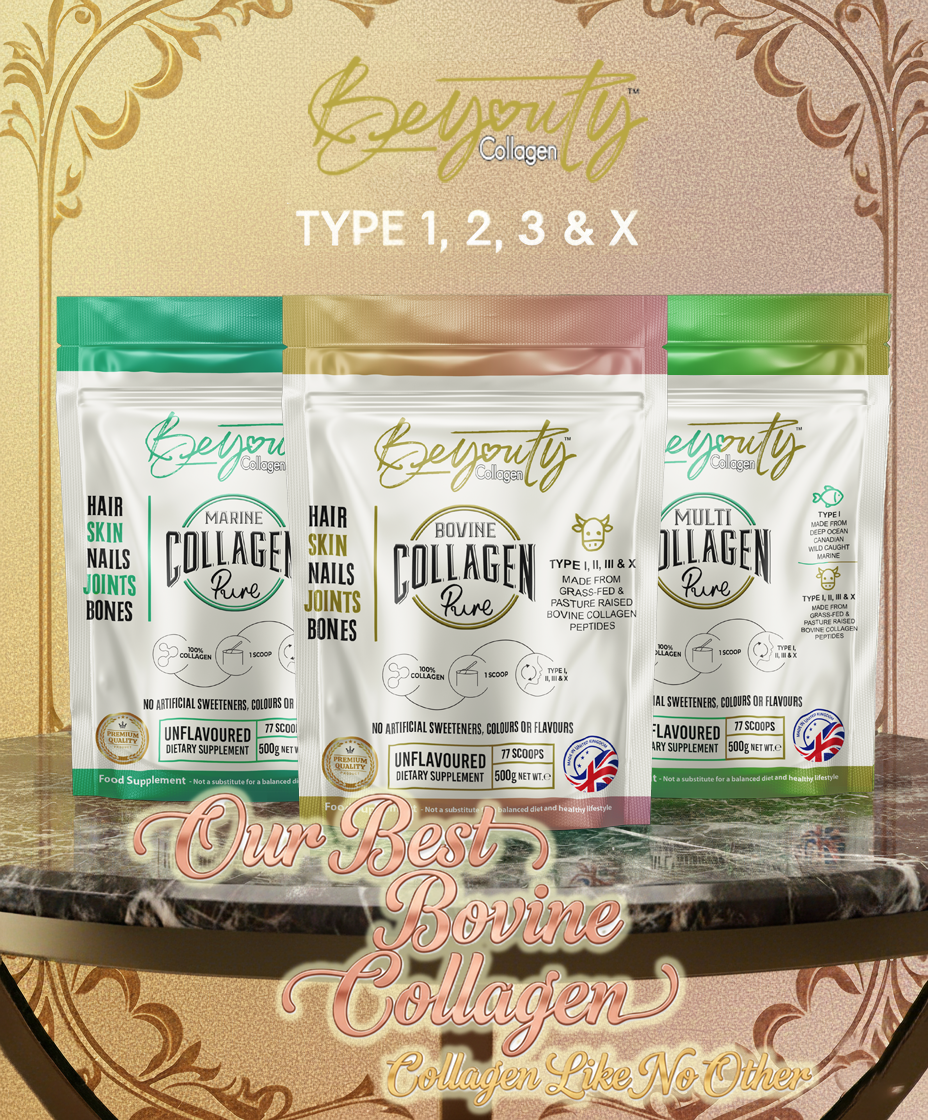 Three collagen supplement packages on a marble surface with decorative gold and brown border. Best Halal Collagen UK. Pure Premium Hydrolysed Bovine & Marine & Multi Collagen Peptides TYPE I, II, III & X - 500g  - Best BeYouty Collagen. Unflavoured Halal Collagen, Halal Collagen Supplements, Hydrolysed Bovine Collagen Peptides Powder, Hydrolysed Marine Collagen Peptides Powder,
Hydrolysed Multi Bovine & Marine Collagen Peptides Powder, Hydrolysed Collagen Peptides Powder UK, Buy Halal Collagen UK, Pure