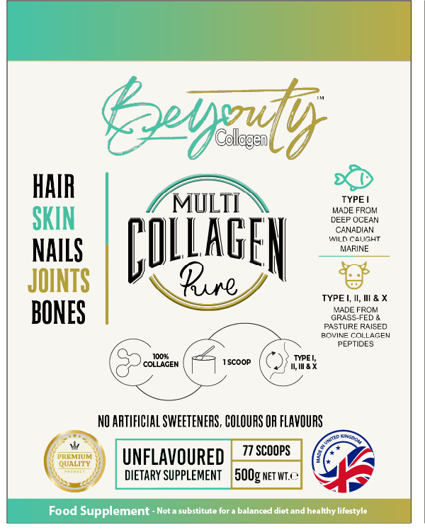 Pure Bovine & Marine Multi Collagen Hydrolysed Peptides TYPE I, II, III & X - 500g  - BeYouty Collagen. Unflavoured Halal Collagen, Halal Collagen Supplements, Hydrolysed Bovine Collagen Peptides Powder, Hydrolysed Marine Collagen Peptides Powder,
Hydrolysed Multi Bovine & Marine Collagen Peptides Powder, Hydrolysed Collagen Peptides Powder UK, Buy Halal Collagen UK, Pure Hydrolysed Collagen "Halal collagen powder UK – BeYouty Collagen"