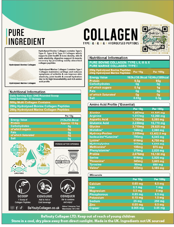 Pure Bovine & Marine Multi Collagen Hydrolysed Peptides TYPE I, II, III & X - 500g - BeYouty Collagen. Unflavoured Halal Collagen, Halal Collagen Supplements, Hydrolysed Bovine Collagen Peptides Powder, Hydrolysed Marine Collagen Peptides Powder,
Hydrolysed Multi Bovine & Marine Collagen Peptides Powder, Hydrolysed Collagen Peptides Powder UK, Buy Halal Collagen UK, Pure Hydrolysed Collagen "Halal collagen powder UK – BeYouty Collagen"