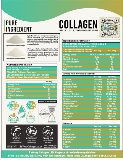 Pure Bovine & Marine Multi Collagen Hydrolysed Peptides TYPE I, II, III & X - 500g - BeYouty Collagen. Unflavoured Halal Collagen, Halal Collagen Supplements, Hydrolysed Bovine Collagen Peptides Powder, Hydrolysed Marine Collagen Peptides Powder,
Hydrolysed Multi Bovine & Marine Collagen Peptides Powder, Hydrolysed Collagen Peptides Powder UK, Buy Halal Collagen UK, Pure Hydrolysed Collagen "Halal collagen powder UK – BeYouty Collagen"