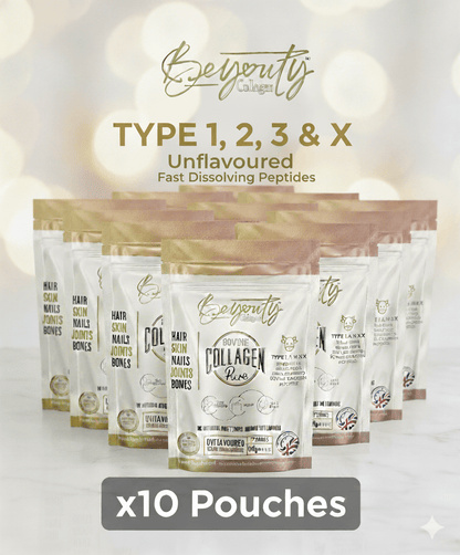 Pure Hydrolysed Bovine Collagen Peptides TYPE I, II, III & X - 5Kg (x10 Pouch) - BeYouty Collagen.  Unflavoured Halal Collagen, Halal Collagen Supplements, Hydrolysed Bovine Collagen Peptides Powder, Hydrolysed Marine Collagen Peptides Powder,
Hydrolysed Multi Bovine & Marine Collagen Peptides Powder, Hydrolysed Collagen Peptides Powder UK, Buy Halal Collagen UK, Pure Hydrolysed Collagen "Halal collagen powder UK – BeYouty Collagen"