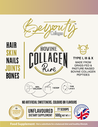 Pure Hydrolysed Bovine Collagen Peptides supplement TYPE I, III & X - 500g | Unflavoured Halal Collagen Front Information