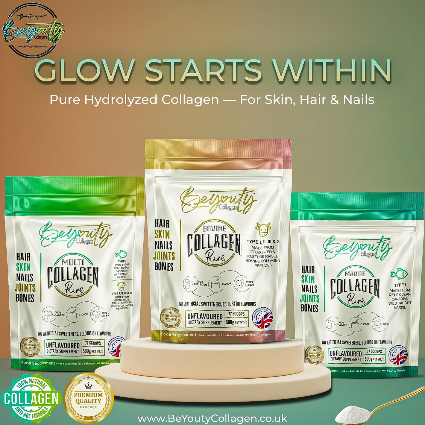 Best Halal Collagen UK. Pure Premium Hydrolysed Bovine & Marine & Multi Collagen Peptides TYPE I, II, III & X - 500g  - BeYouty Collagen. Unflavoured Halal Collagen, Halal Collagen Supplements, Hydrolysed Bovine Collagen Peptides Powder, Hydrolysed Marine Collagen Peptides Powder,
Hydrolysed Multi Bovine & Marine Collagen Peptides Powder, Hydrolysed Collagen Peptides Powder UK, Buy Halal Collagen UK, Pure Hydrolysed Collagen "Halal collagen powder UK – BeYouty Collagen"