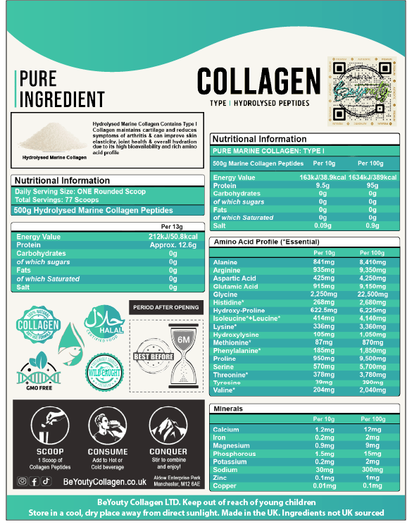 Pure Premium Marine Collagen Hydrolysed Peptides TYPE I - 500g - BeYouty Collagen. Unflavoured Halal Collagen, Halal Collagen Supplements, Hydrolysed Bovine Collagen Peptides Powder, Hydrolysed Marine Collagen Peptides Powder,
Hydrolysed Multi Bovine & Marine Collagen Peptides Powder, Hydrolysed Collagen Peptides Powder UK, Buy Halal Collagen UK, Pure Hydrolysed Collagen "Halal collagen powder UK – BeYouty Collagen"