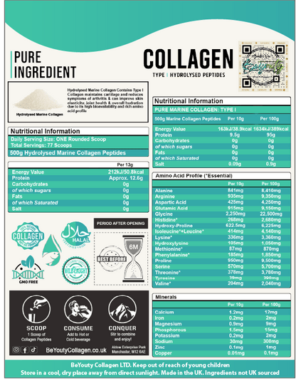 Pure Premium Marine Collagen Hydrolysed Peptides TYPE I - 500g - BeYouty Collagen. Unflavoured Halal Collagen, Halal Collagen Supplements, Hydrolysed Bovine Collagen Peptides Powder, Hydrolysed Marine Collagen Peptides Powder,
Hydrolysed Multi Bovine & Marine Collagen Peptides Powder, Hydrolysed Collagen Peptides Powder UK, Buy Halal Collagen UK, Pure Hydrolysed Collagen "Halal collagen powder UK – BeYouty Collagen"