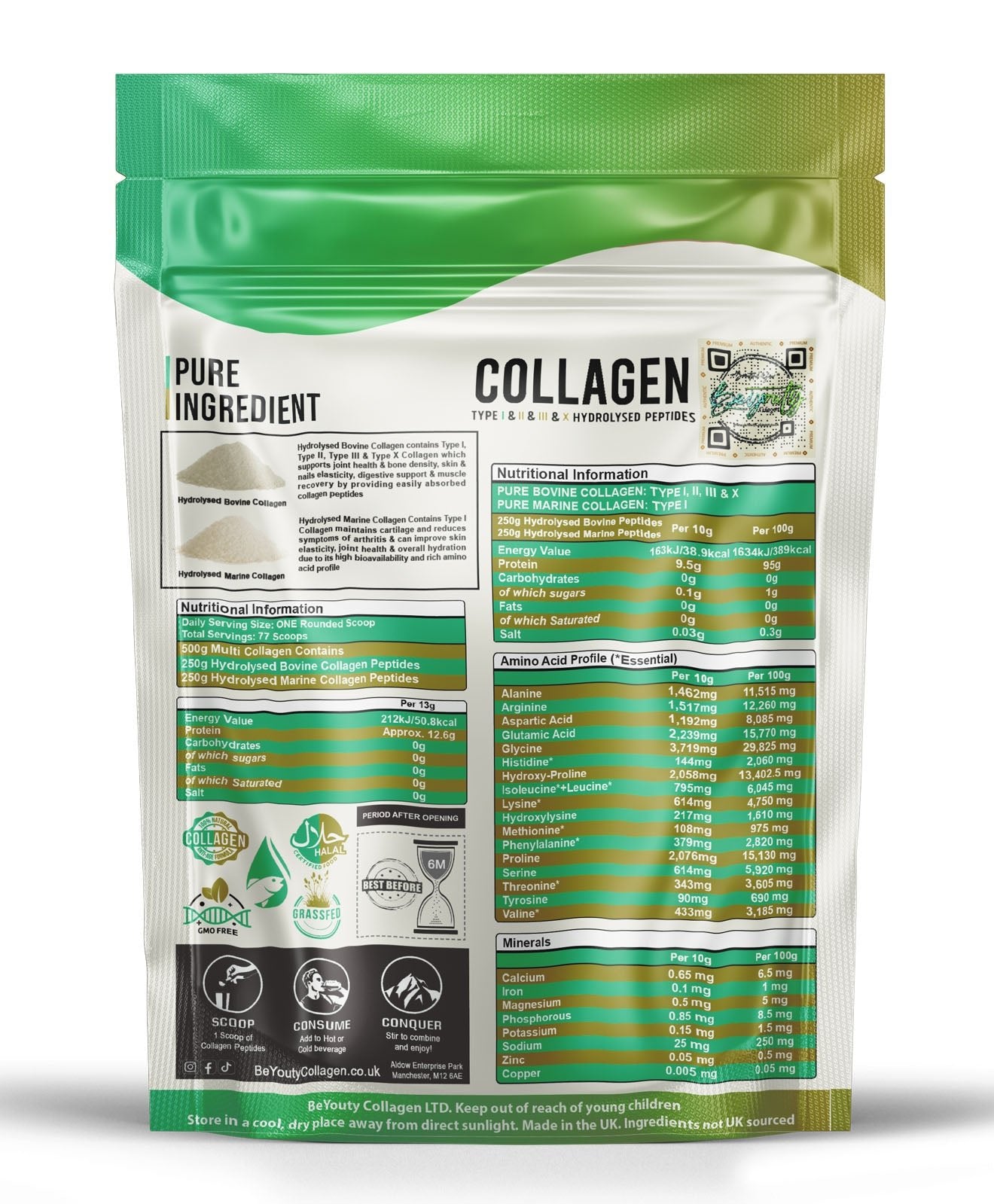 back of  500g Pure Multi Collagen powder package with green and white design on a white background. Pure Halal Bovine & Marine & Multi Collagen protein powder Supplement | Type I, II, III & X  Unflavoured Halal Collagen, Halal Collagen Supplements, Hydrolysed Bovine Collagen Peptides Powder, Hydrolysed Marine Collagen Peptides Powder,
Hydrolysed Multi Bovine & Marine Collagen Peptides Powder, Hydrolysed Collagen Peptides Powder UK, Buy Halal Collagen UK, Pure Hydrolysed Collagen "Halal collagen powder UK – 