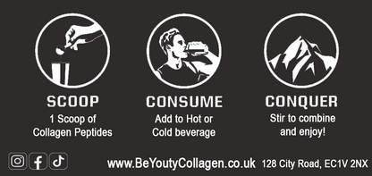 Consuming & Consumption & Usage guide of Pure Hydrolysed Collagen Peptides supplement TYPE I, III & X - 500g | Unflavoured with Company Address, Website and Social Media