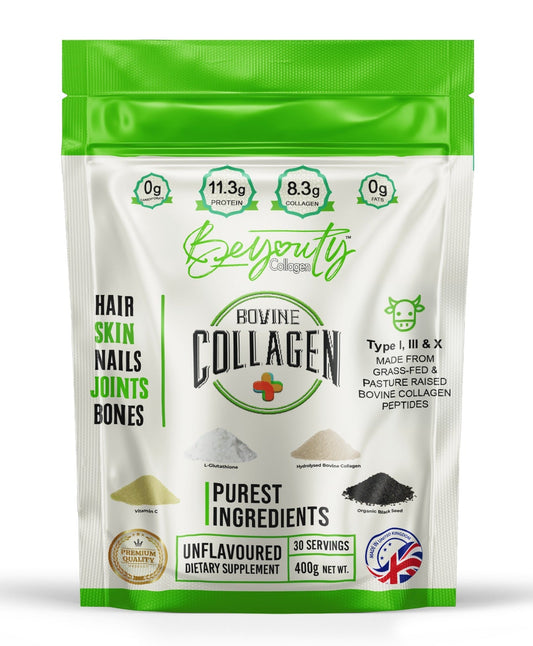 Hydrolysed Bovine Collagen Peptides + Antioxidants TYPE I, III & X - 400g - BeYouty Collagen. Unflavoured Halal Collagen, Halal Collagen Supplements, Hydrolysed Bovine Collagen Peptides Powder, Hydrolysed Marine Collagen Peptides Powder,
Hydrolysed Multi Bovine & Marine Collagen Peptides Powder, Hydrolysed Collagen Peptides Powder UK, Buy Halal Collagen UK, Pure Hydrolysed Collagen "Halal collagen powder UK – BeYouty Collagen"