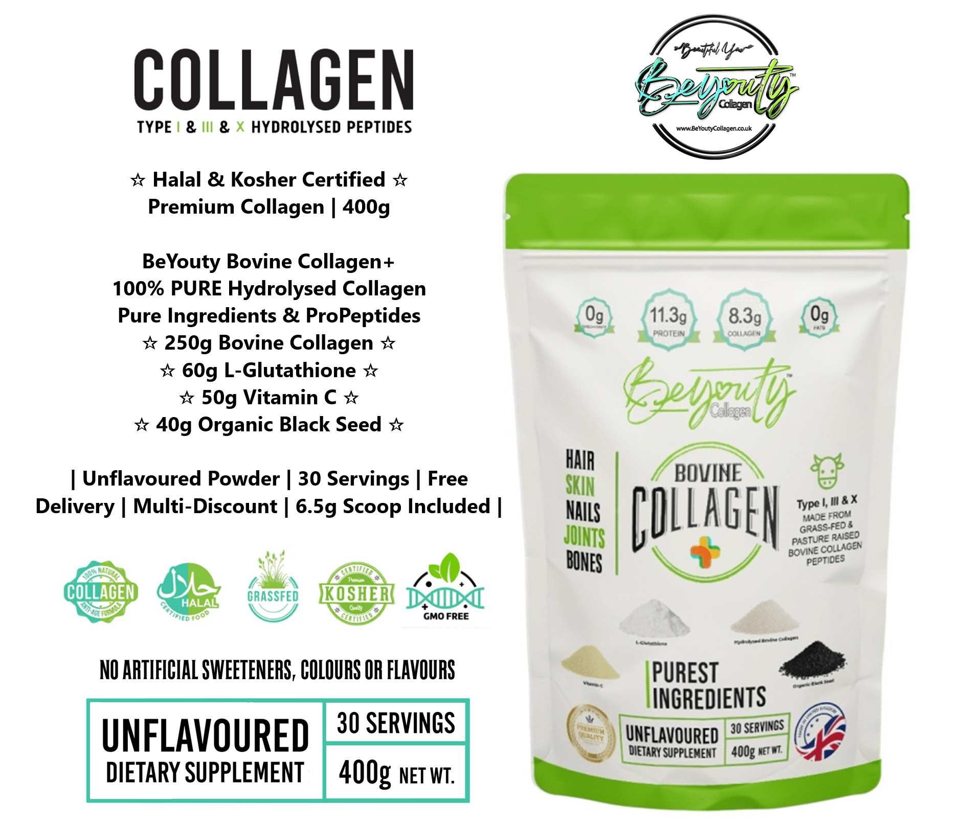 Hydrolysed Bovine Collagen Peptides + Antioxidants TYPE I, III & X - 400g - BeYouty Collagen