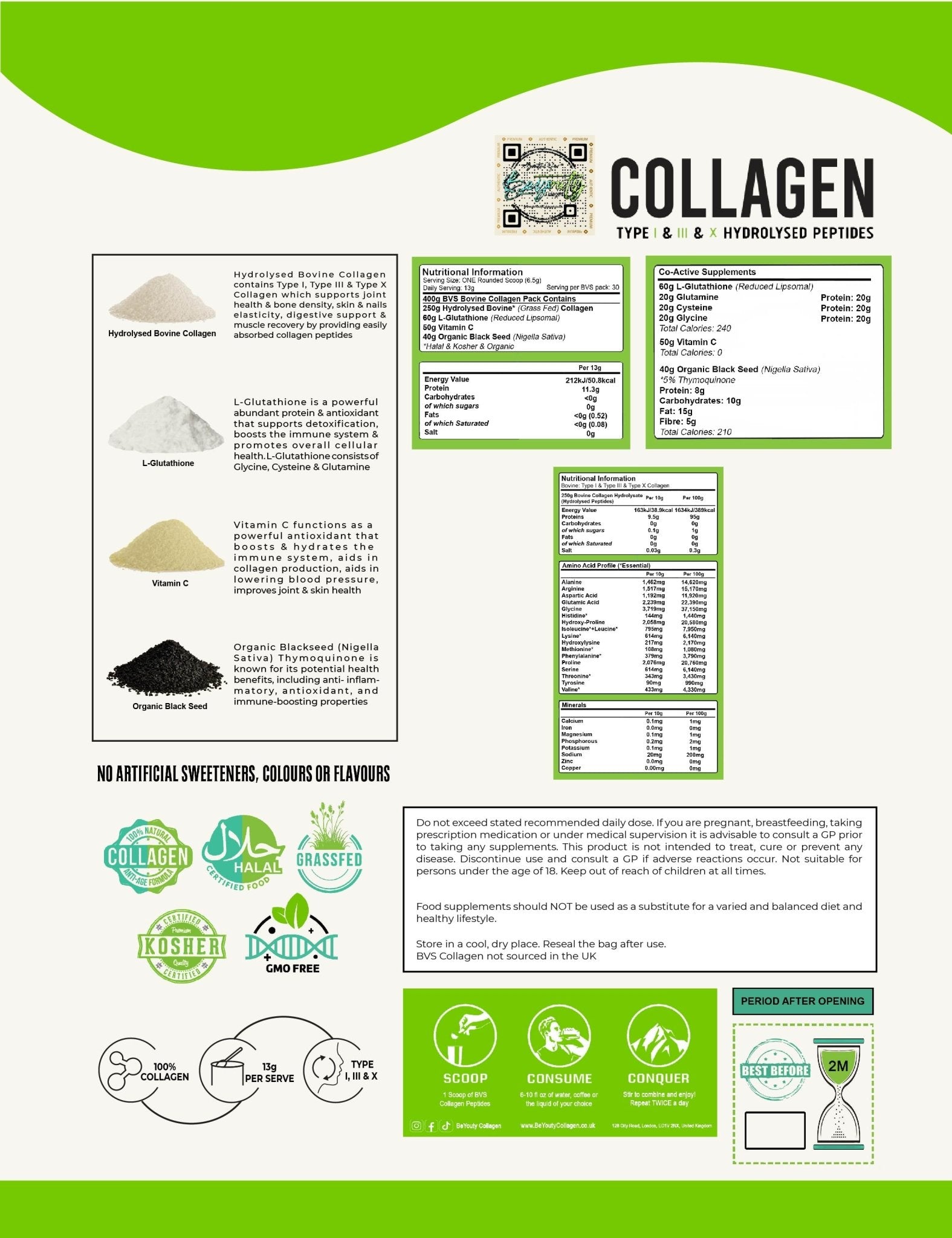 Hydrolysed Bovine Collagen Peptides + Antioxidants TYPE I, III & X - 400g - BeYouty Collagen