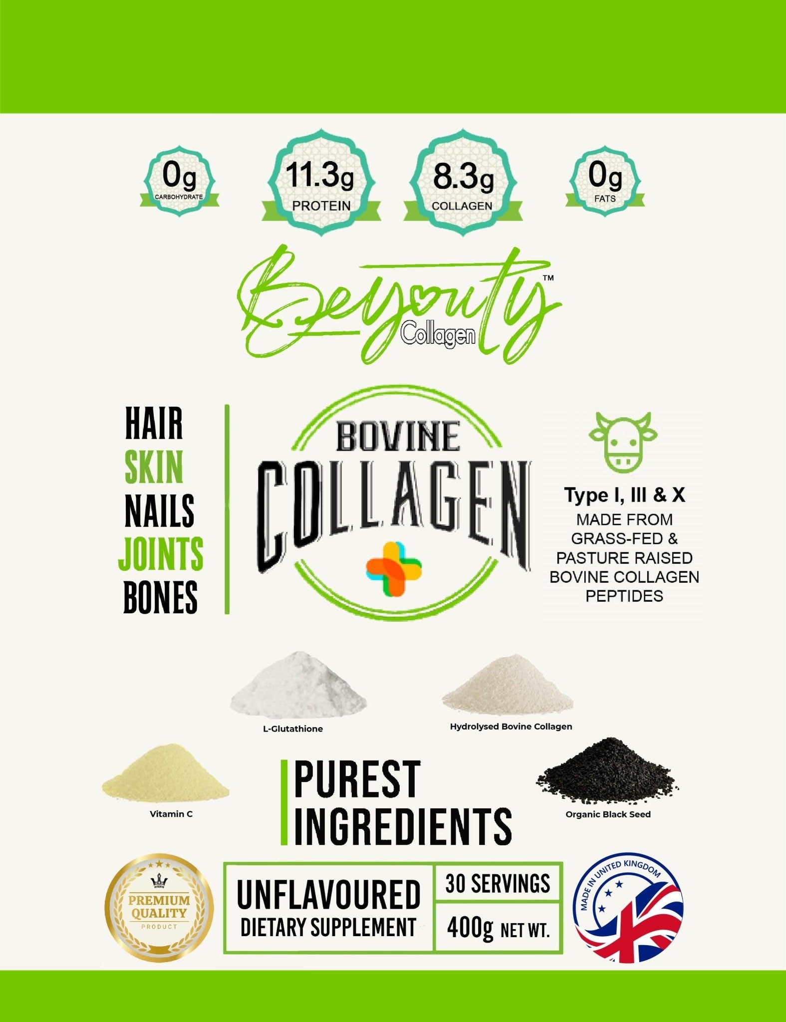 Hydrolysed Bovine Collagen Peptides + Antioxidants TYPE I, III & X - 400g - BeYouty Collagen