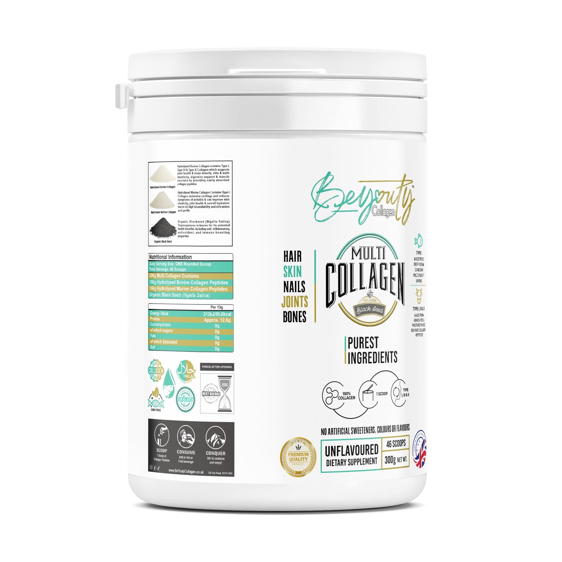 Hydrolysed Bovine & Marine Multi Collagen Peptides TYPE I, III & X + Black Seed - 300g - BeYouty Collagen
