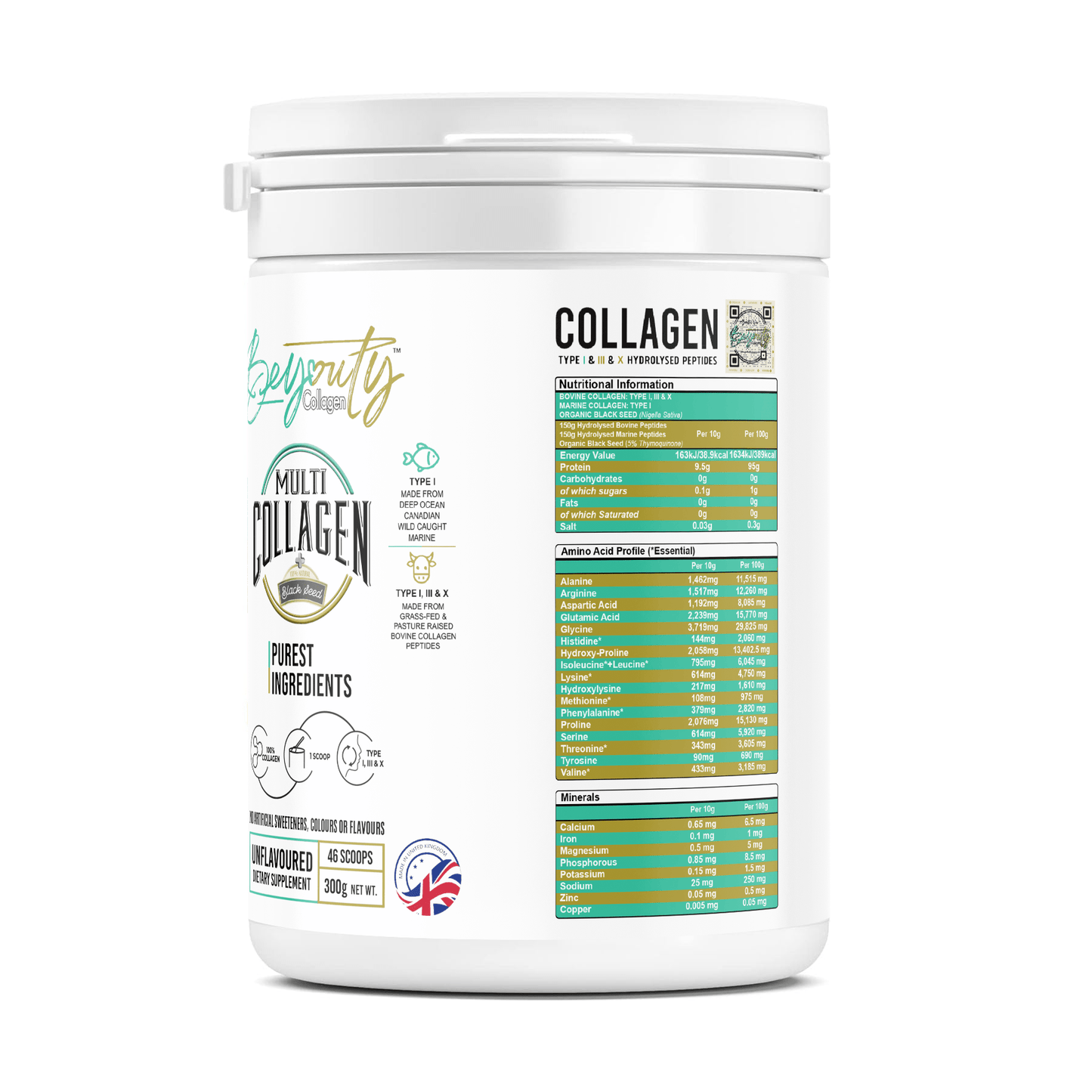 Hydrolysed Bovine & Marine Multi Collagen Peptides TYPE I, III & X + Black Seed - 300g - BeYouty Collagen