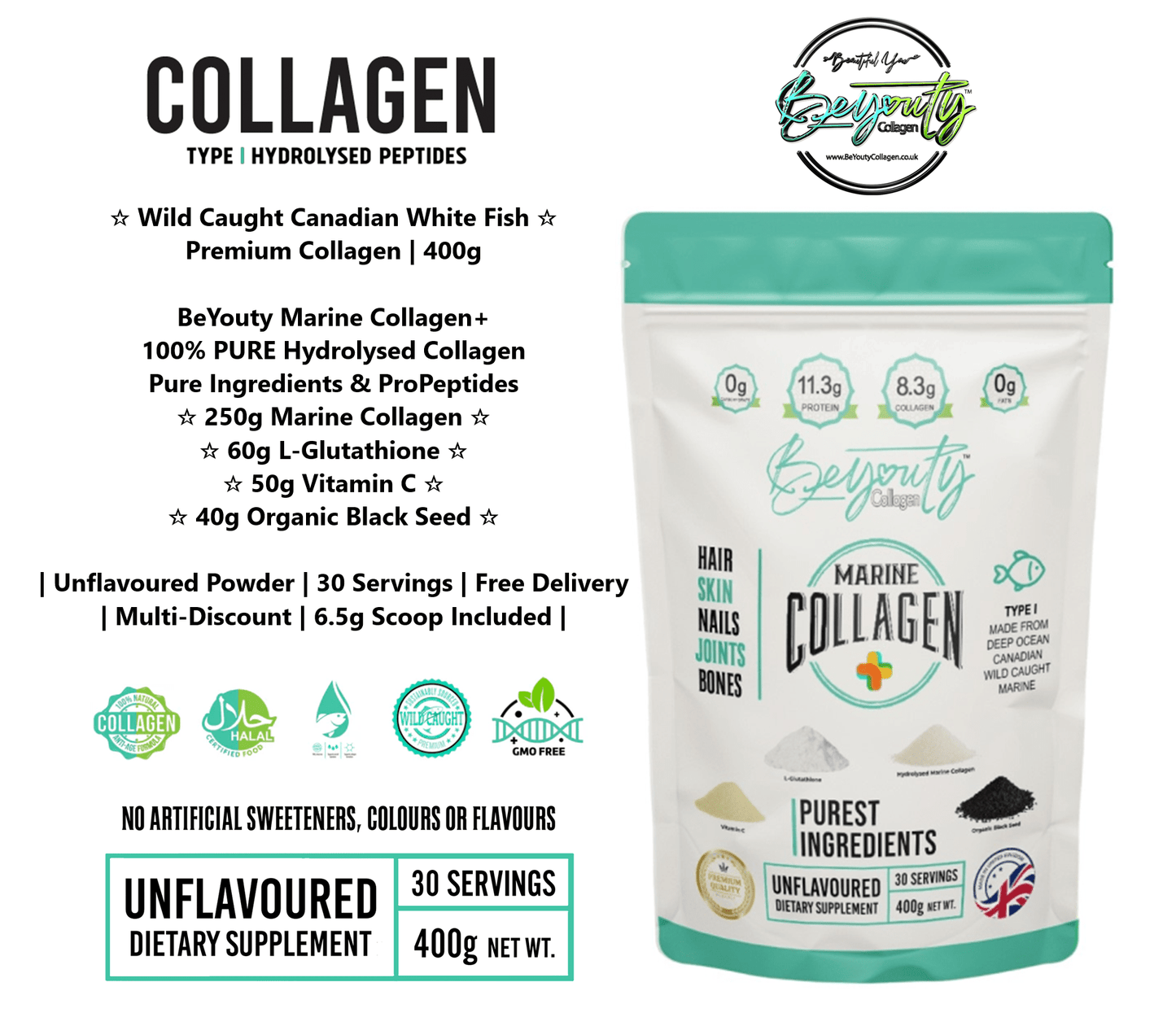 Hydrolysed Marine Collagen Peptides + Antioxidants TYPE I - 400g - BeYouty Collagen