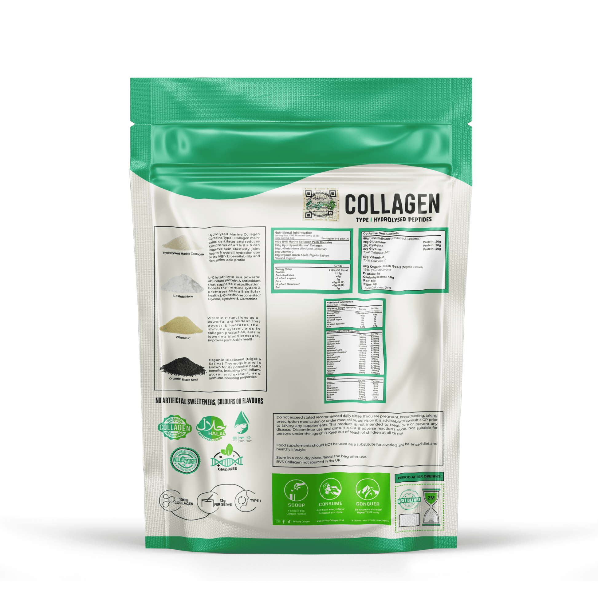 Hydrolysed Marine Collagen Peptides + Antioxidants TYPE I - 400g - BeYouty Collagen "Halal collagen powder UK – BeYouty Collagen"