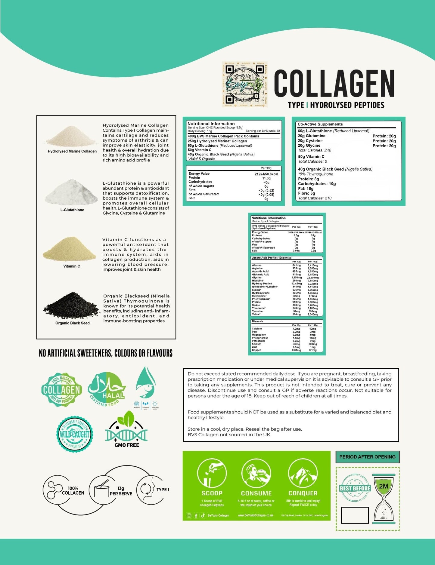 Hydrolysed Marine Collagen Peptides + Antioxidants TYPE I - 400g - BeYouty Collagen
