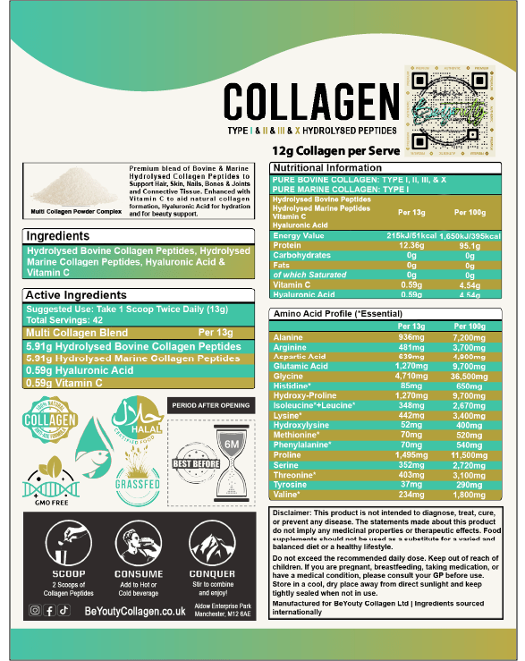 Multi Bovine & Marine Collagen Hydrolysed Peptides TYPE I, II, III & X + Vitamin C & Hyaluronic Acid - 550g - BeYouty Collagen™