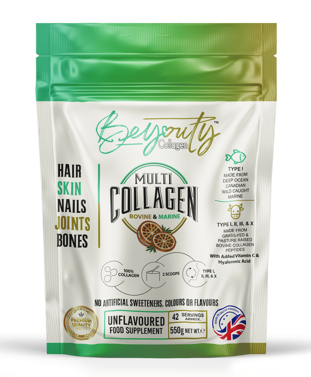Multi Bovine & Marine Collagen Hydrolysed Peptides TYPE I, II, III & X + Vitamin C & Hyaluronic Acid - 550g - BeYouty Collagen™