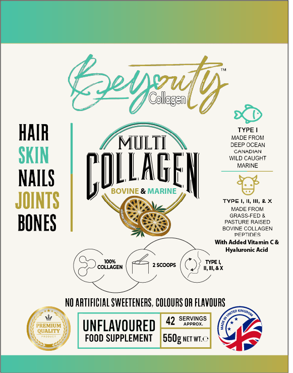 Multi Bovine & Marine Collagen Hydrolysed Peptides TYPE I, II, III & X + Vitamin C & Hyaluronic Acid - 550g - BeYouty Collagen™