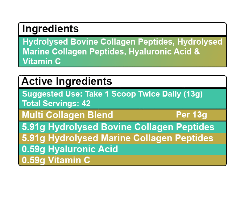 Multi Bovine & Marine Collagen Hydrolysed Peptides TYPE I, II, III & X + Vitamin C & Hyaluronic Acid - 550g - BeYouty Collagen™