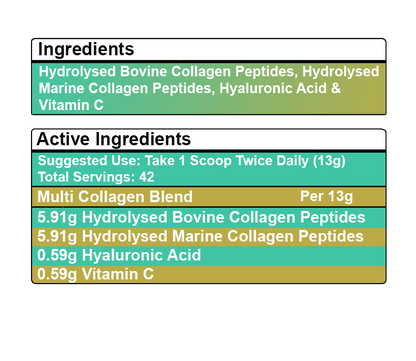 Multi Bovine & Marine Collagen Hydrolysed Peptides TYPE I, II, III & X + Vitamin C & Hyaluronic Acid - 550g - BeYouty Collagen™