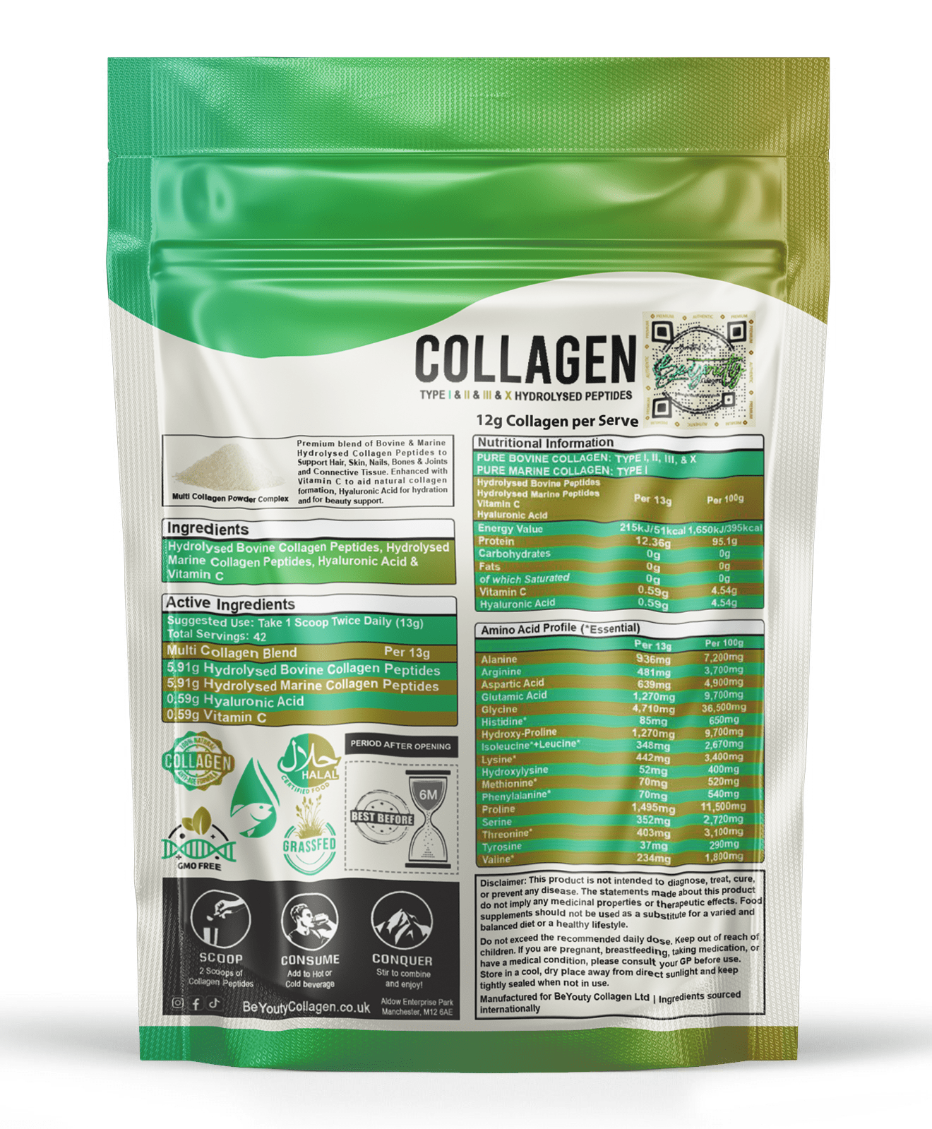 Multi Bovine & Marine Collagen Hydrolysed Peptides TYPE I, II, III & X + Vitamin C & Hyaluronic Acid - 550g - BeYouty Collagen™