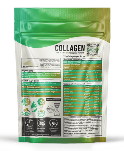 Multi Bovine & Marine Collagen Hydrolysed Peptides TYPE I, II, III & X + Vitamin C & Hyaluronic Acid - 550g - BeYouty Collagen™