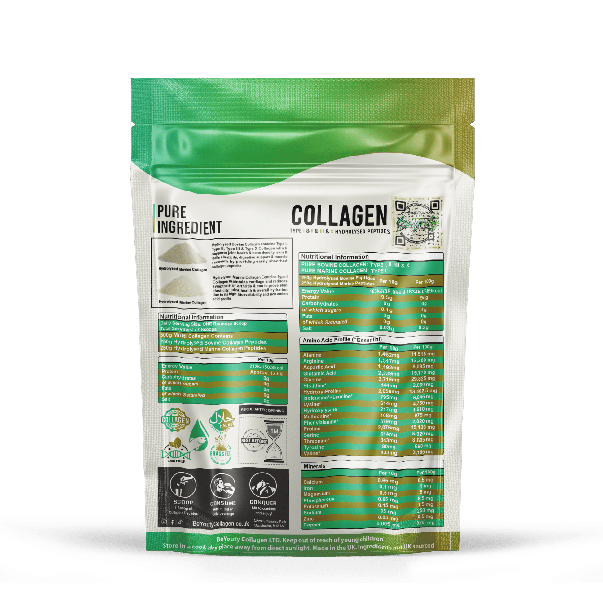 Pure Bovine & Marine Multi Collagen Hydrolysed Peptides TYPE I, II, III & X - 500G - BeYouty Collagen™