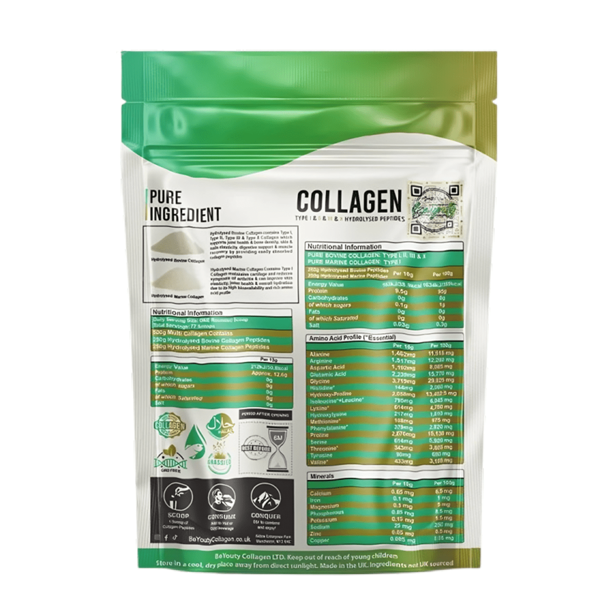 Pure Bovine & Marine Multi Collagen Hydrolysed Peptides TYPE I, II, III & X - 500G - BeYouty Collagen™