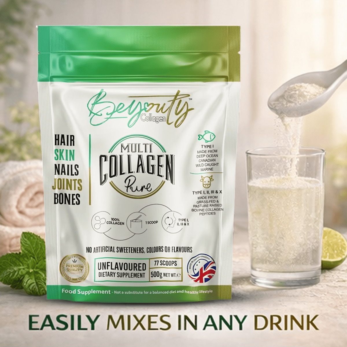 Pure Bovine & Marine Multi Collagen Hydrolysed Peptides TYPE I, II, III & X - 500g - BeYouty Collagen™