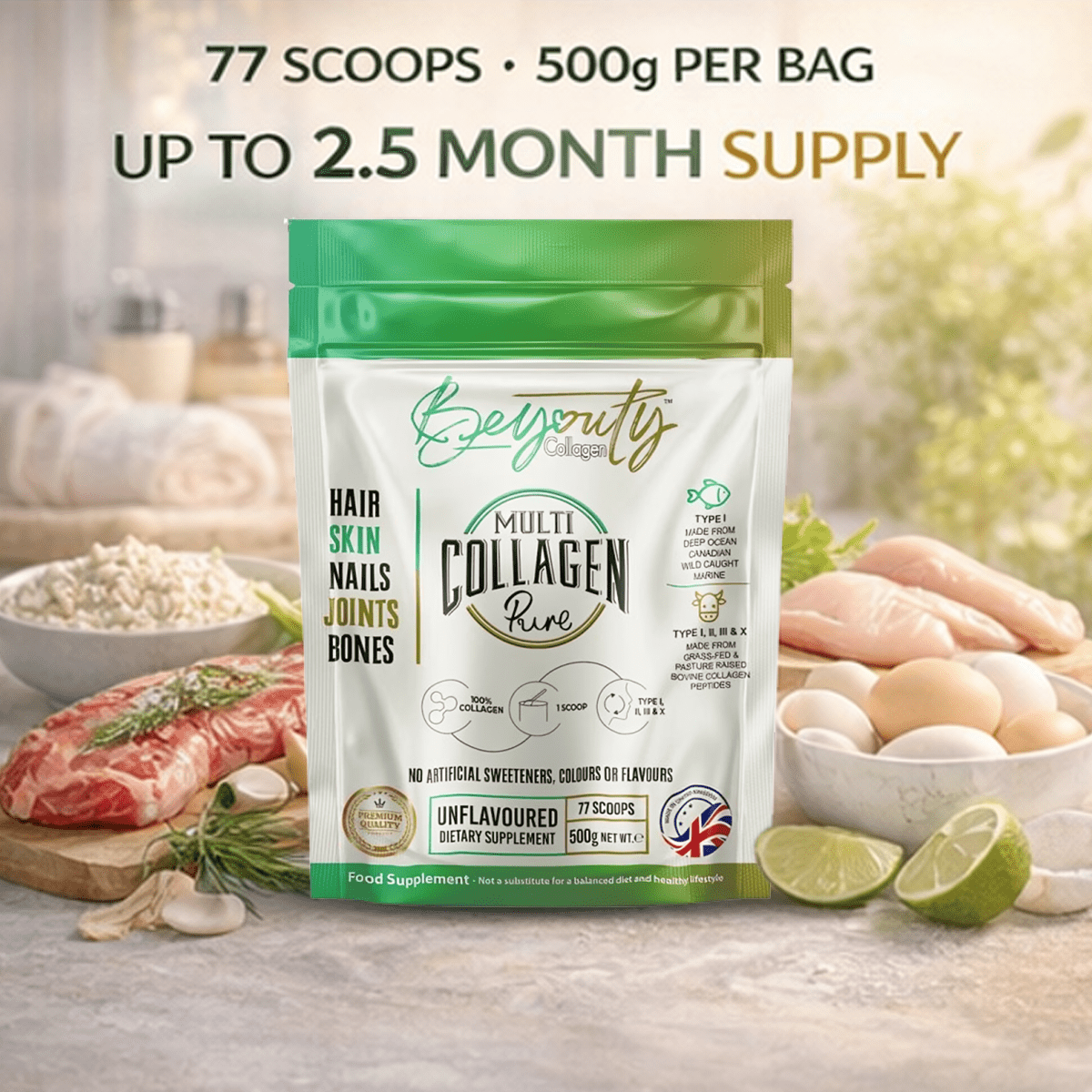 Pure Bovine & Marine Multi Collagen Hydrolysed Peptides TYPE I, II, III & X - 500g - BeYouty Collagen™