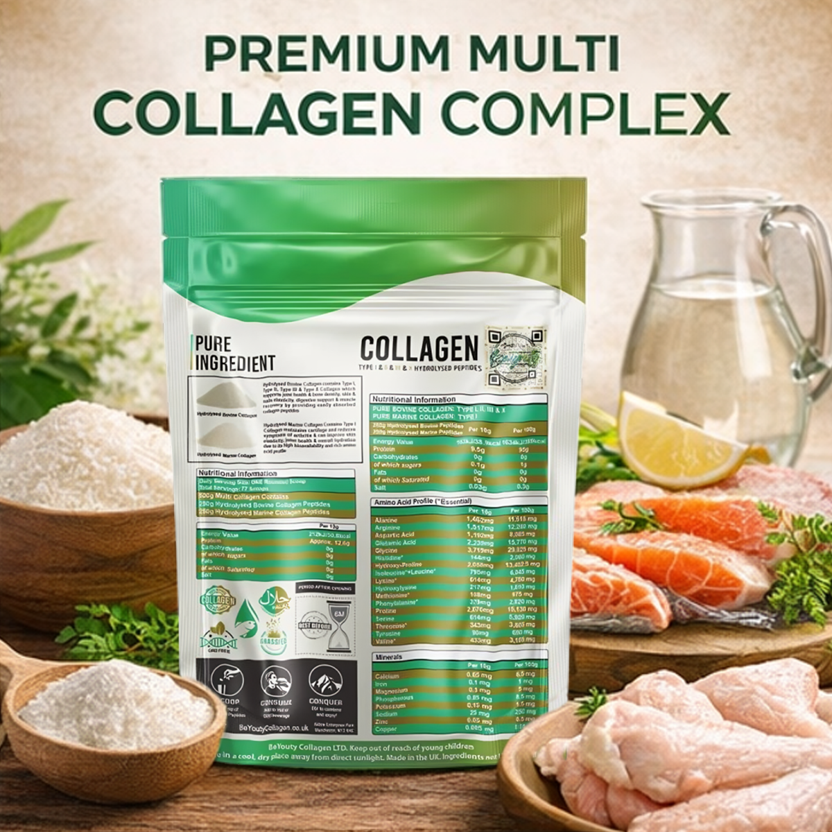 Pure Bovine & Marine Multi Collagen Hydrolysed Peptides TYPE I, II, III & X - 500g - BeYouty Collagen™